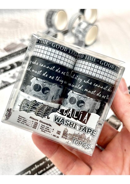 Vintage Italya Temalı Siyah-Beyaz Washi Bant Seti 10'lu / Washi Tape / Bullet Journal / Scrapbook indirimleri