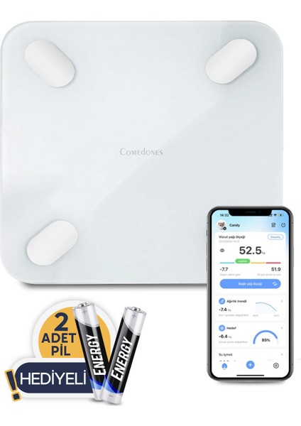 Akıllı Bluetooth Dijital Tartı, Yağ Ölçer, Uygulama Kontrollü, Cam Materyal, Beyaz