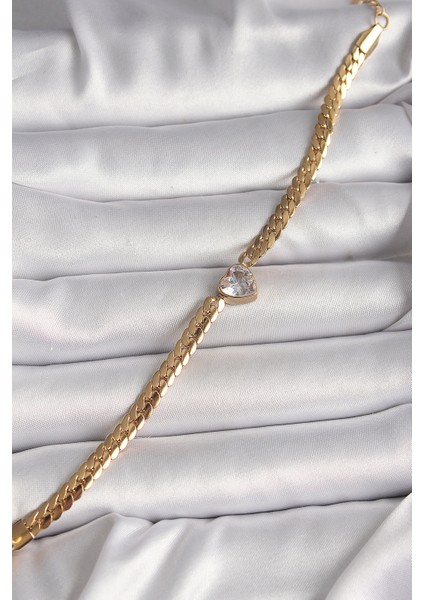 316L Çelik Gold Renk Yassı Zincir Model Zirkon Taşlı Kalp Figür Kadın Bileklik - TJ-BB6728