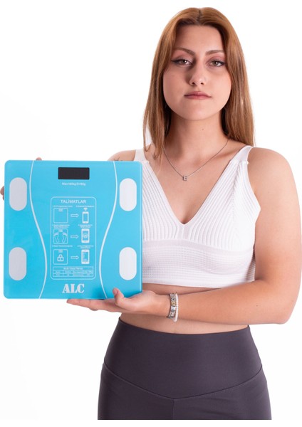 Akıllı Dijital Banyo Tartısı, Yağ, Su, Kas ve Vücut Kitle Endeksi Ölçer, Mavi Cam