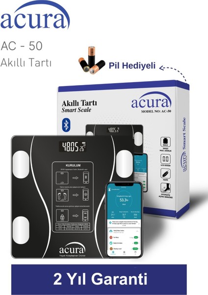 Akıllı Dijital Tartı, Yağ, Su, Kas ve Kilo Ölçer, Siyah, Garantili, Plastik Malzeme
