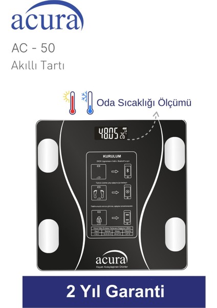 Akıllı Dijital Tartı, Yağ, Su, Kas ve Kilo Ölçer, Siyah, Garantili, Plastik Malzeme modelleri