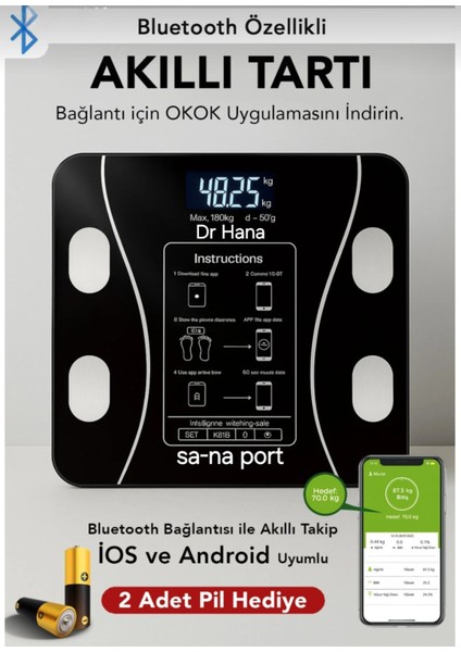Siyah Cam Dijital Vücut Kilo Ölçer Tartı, Sağlıklı ve Hassas Ölçüm