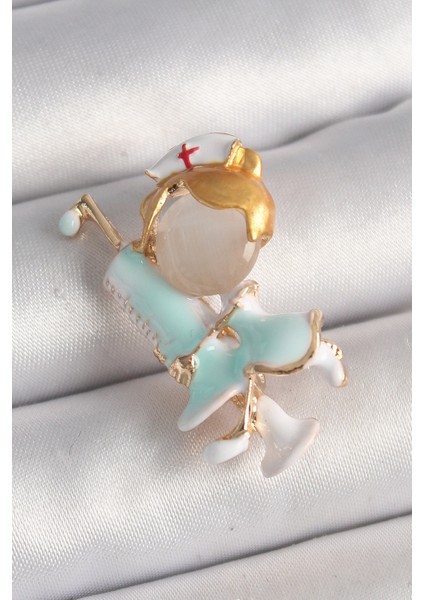 Pirinç Gold Renk Beyaz Mavi Renk Hemşire Model Şırınga Detay Kadın Broş - TJ-BR424
