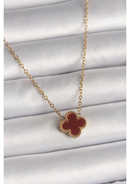 316L Çelik Gold Renk Bordo Yonca Model Kadın Kolye - TJ-BKO10018