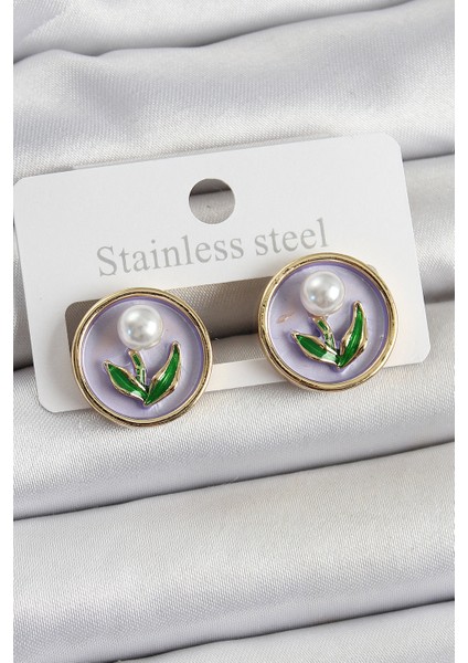 Pirinç Mor Mineli Lale Figürlü Sanatsal Portre Model Gold Renk Kadın Küpe - TJ-BKP10676