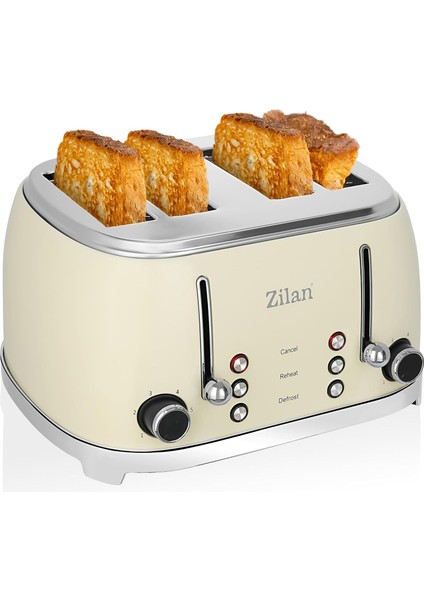 ZLN1214 60's Retro Ekmek Kızartma Makinesi -Krem- 4 Dilim Kapasite, 6 Kademeli Ayar, Donmuş Ekmek Çözme & Yeniden Isıtma Özelliği, 1500W