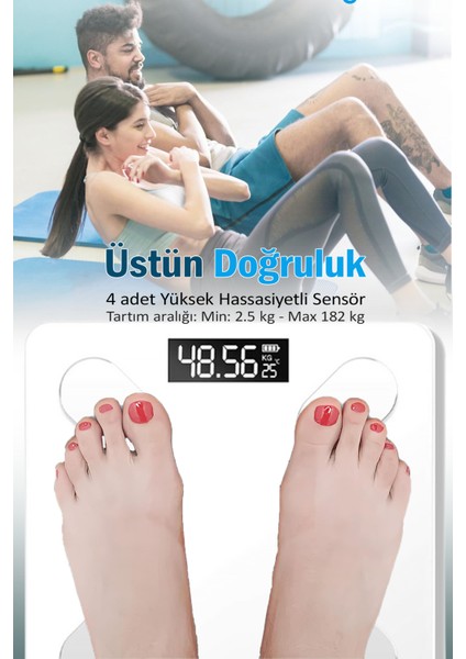 Dijital Akıllı Tartı, Cam Yüzey, Beyaz, Pilli, Vücut Kitle Ölçer indirimleri