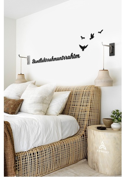 Bismillahirrahmânirrahîm ve Kuşlar Temalı Siyah Mdf Lazer Kesim Duvar Yazısı modelleri