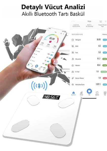 Dijital Akıllı Tartı, Bluetooth Bağlantılı, Cam Yüzey, Kişisel Vücut Ölçüm Cihazı