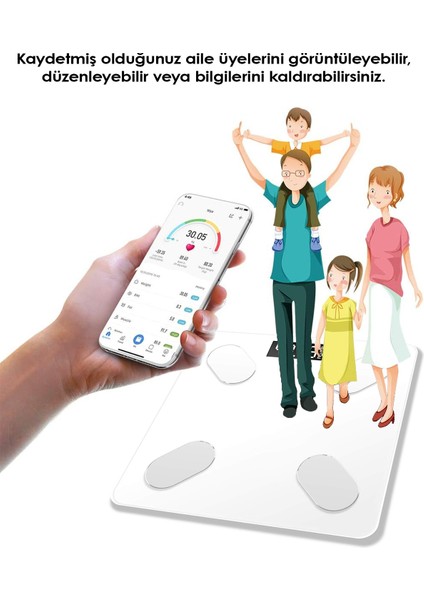 Dijital Akıllı Tartı, Bluetooth Bağlantılı, Cam Yüzey, Kişisel Vücut Ölçüm Cihazı