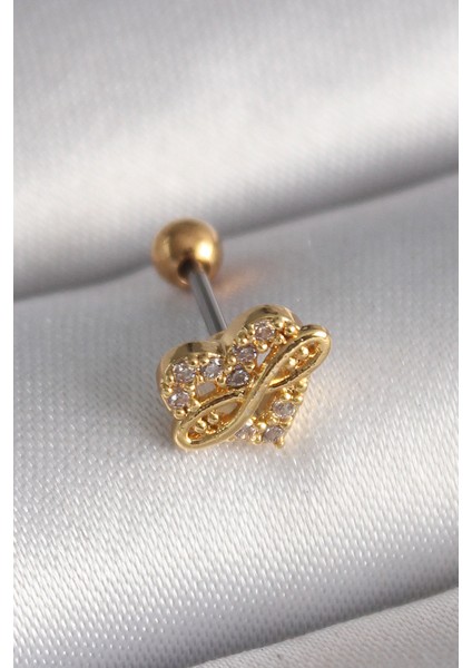 316L Çelik Gold Renk Zirkon Taşlı Kalp Sonsuzluk Detay Tragus Piercing - TJ-PR1248