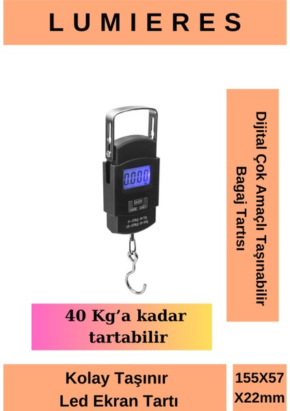 Dijital Taşınabilir Bagaj Tartısı, 40 kg Kapasite, Hafif ve Kullanışlı Siyah Tasarım