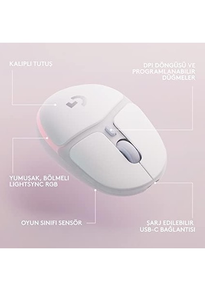 G705 Aurora Kablosuz Oyuncu Mouse, Özelleştirilebilir Lıghtsync Rgb Aydınlatma, Lightspeed Kablosuz, Bluetooth Bağlantısı, Hafif, Pc/mac/dizüstü Bilgisayar ile Uyumlu, Beyaz modelleri