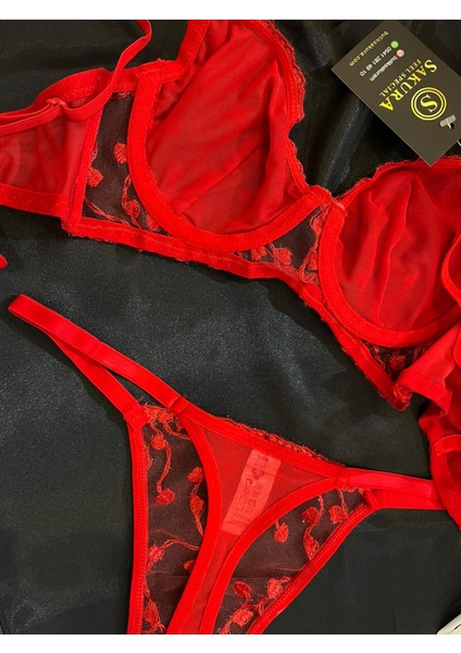 Kırmızı Kalpli Dallı Askıları Taşlı Balenli Sütyen Takımı