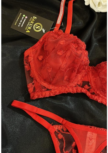 Kırmızı Kalpli Dallı Askıları Taşlı Balenli Sütyen Takımı fiyatları