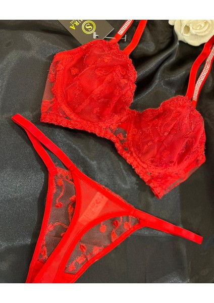 Kırmızı Kalpli Dallı Askıları Taşlı Balenli Sütyen Takımı modelleri