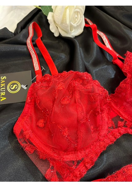 Kırmızı Kalpli Dallı Askıları Taşlı Balenli Sütyen Takımı fırsatları