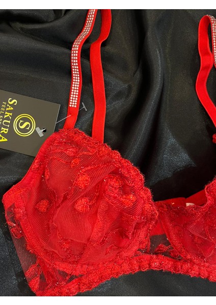 Kırmızı Kalpli Dallı Askıları Taşlı Balenli Sütyen Takımı indirimleri