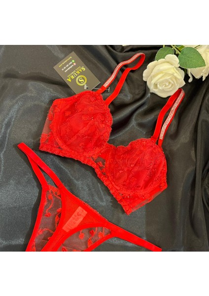 Kırmızı Kalpli Dallı Askıları Taşlı Balenli Sütyen Takımı