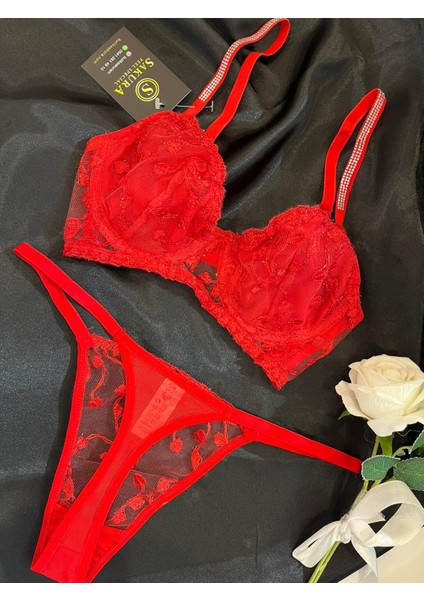 Kırmızı Kalpli Dallı Askıları Taşlı Balenli Sütyen Takımı