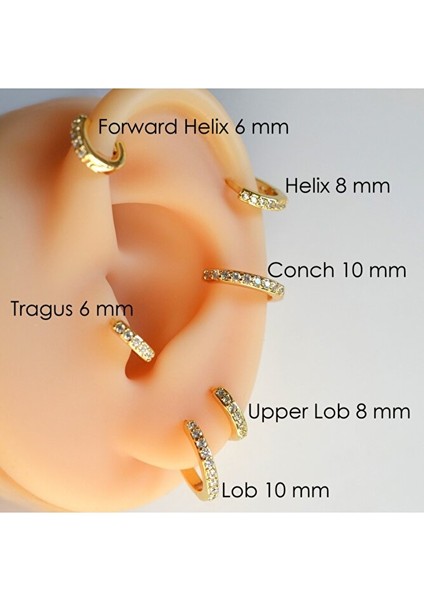 İki Parça Gold Taşlı Halka Piercing Tragus Helix Forward Helix Kıkırdak (6 mm ve 8 mm)