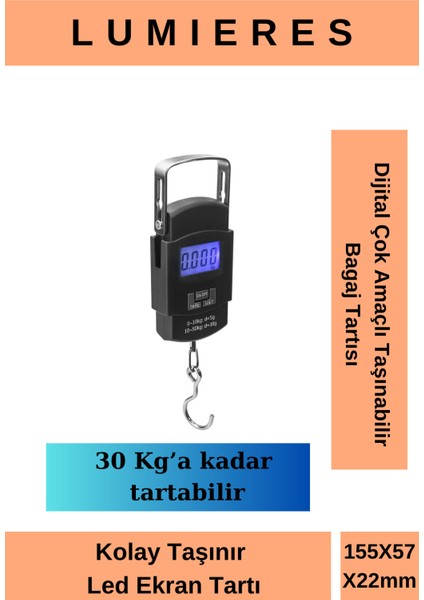 Dijital Taşınabilir Bagaj Tartısı, 30 Kg, Siyah, Çok Amaçlı, Hafif ve Güvenilir