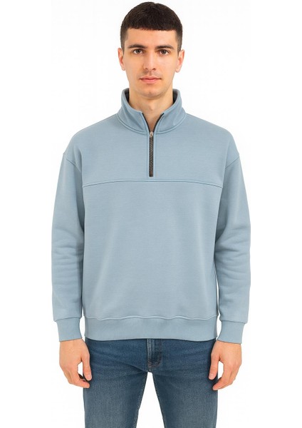 Unisex Relax Fit Rahat Kesim Pamuklu Yarım Fermuarlı Dik Yaka Sweatshirt - 7385