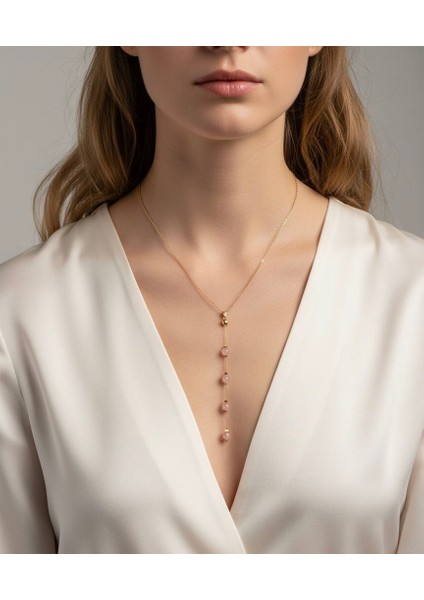 Pembe Kuvars Taşı Y Kolye Altın Kaplama