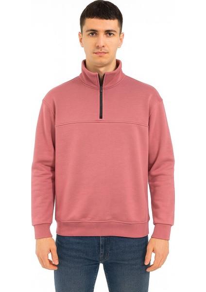 Unisex Relax Fit Rahat Kesim Pamuklu Yarım Fermuarlı Dik Yaka Sweatshirt - 7385