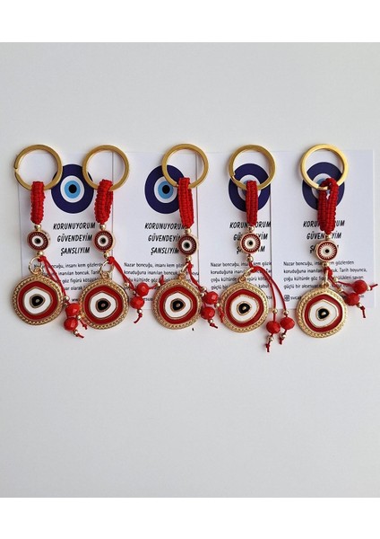 Hediyelik 5'li Nazar Boncuklu Modern Anahtarlık - Kırmızı 10,5 cm