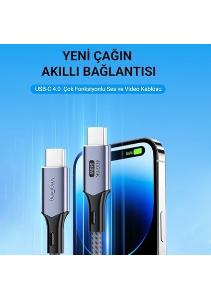 USB 4.0 E-Mark 240W 40GBPS Thunderbolt 4 8k 60Hz Type-C Görüntü Hızlı Şarj ve Data Kablosu 1 Metre modelleri