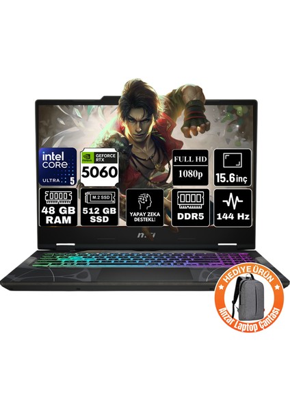 Msı Cyborg 15 Intel Core 5 210H 48GB 512GB SSD RTX5060 Windows 11 Home 15.6" Taşınabilir Bilgisayar B2RWFKG-207XTR-A49