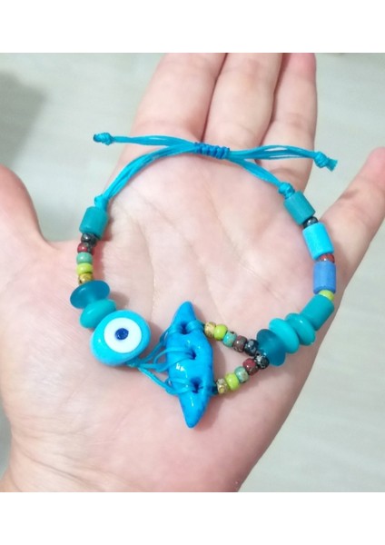 Süryani Nazar El Yapımı Cam ve Miyuki Round Boncuklu Asimetrik Bileklik