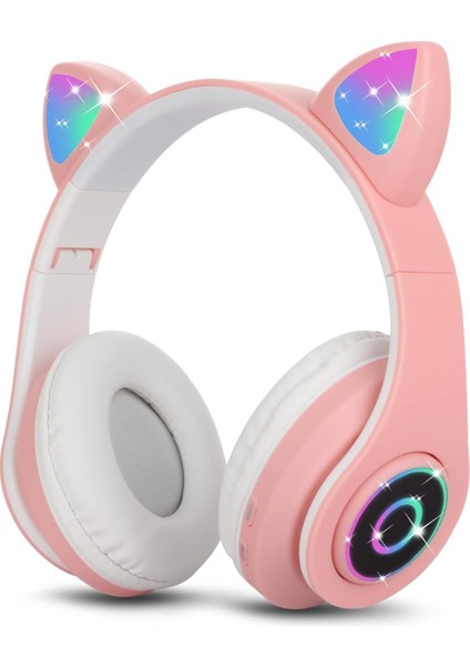 Bluetooth Kulaklık Kız Çocuk Kulak Üstü Kedi Kulaklığı Rgb LED Işık Katlanabilir Stereo Kablosuz Kulaklık Çocuklar ve Yetişkinler Için Mikrofonlu Dizüstü Bilgisayar / Pc / Tv (Pembe)