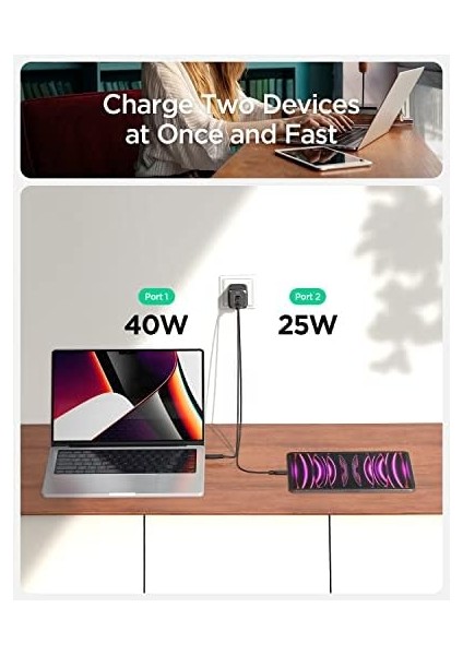 65W Usb-C 2 Port Mini Hızlı Şarj Aleti Pps 2.0 / Isı Düşürücü Gan Iıı Destekli Akım Korumalı Güç Adaptörü iPhone & Android & iPad & MacBook Type-C PE2204 Black - ACH05163 modelleri