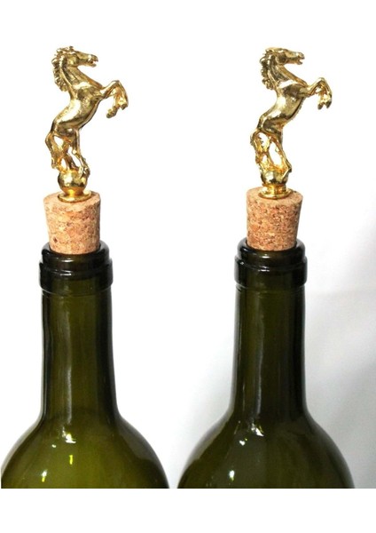 Altın Şahlanan At Figürlü 2 Adet Mantar Tıpa - Şarap Yağdanlık Şişe