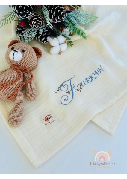 Ftbabycollection %100 Pamuk 4 Katlı Müslin Kişiselleştirilebilir Isim Nakışlı Bebek BATTANIYESI 100X110 CM