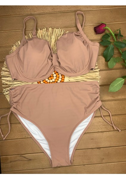 Kadın Siyah Likralı Esnek Şık Rahat Büyük Beden Telli Balenli Toparlayıcı Yüksek Bel Bikini Takım
