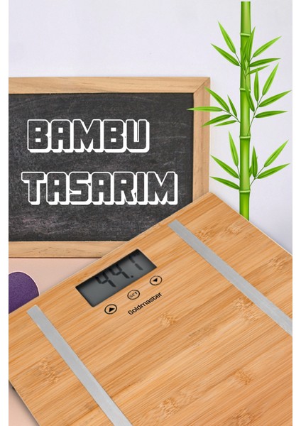 Dijital Geniş LED Ekranlı Bambu Malzemeli Vücut Analizli Tartı, Kahverengi