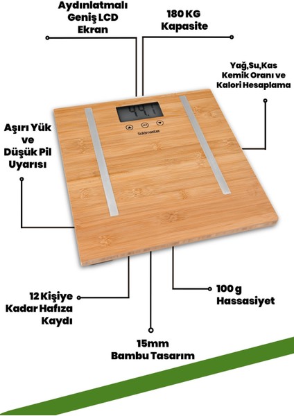 Dijital Geniş LED Ekranlı Bambu Malzemeli Vücut Analizli Tartı, Kahverengi