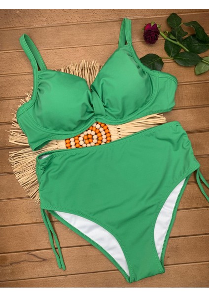 Kadın Siyah Likralı Esnek Şık Rahat Büyük Beden Telli Balenli Toparlayıcı Yüksek Bel Bikini Takım