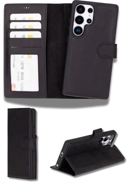 Samsung Galaxy S25 Ultra Uyumlu, Hakiki Deri, El Yapımı, Cüzdanlı Kılıf, Mat Siyah modelleri