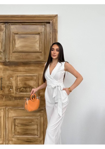 Kruvaze Yaka Dik Çizgili Kumaş Tulum Günlük Davet Gece Kullanımına Uygun Şık Tulum Bol Paça Tulum modelleri