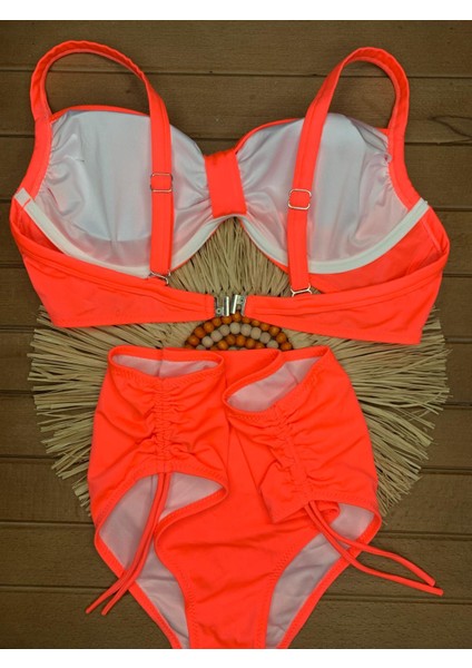 Kadın Siyah Likralı Esnek Şık Rahat Büyük Beden Telli Balenli Toparlayıcı Yüksek Bel Bikini Takım