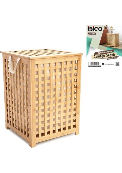 Ahşap Bambu Kirli Çamaşır Sepet Kumaş Çantalı SEPET=45X45X62CM (5313)