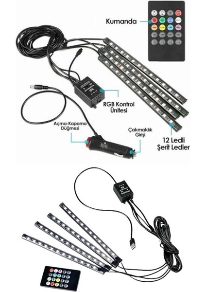 Araç Içi Ayak Altı LED 12 LED Işık Sese Müziğe Duyarlı Rgb Işıklı Aydınlatma Seti modelleri