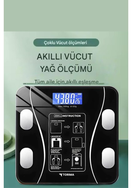 Akıllı Dijital Vücut Ölçüm Tartısı, Bluetooth ile Bağlanabilir, Cam Tasarım, Siyah Renk