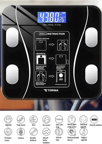 Akıllı Dijital Vücut Ölçüm Tartısı, Bluetooth ile Bağlanabilir, Cam Tasarım, Siyah Renk fırsatları