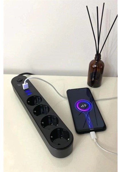4lü Siyah Anahtarlı 3 USB Li Akım Korumalı Topraklı Çocuk Korumalı Grup Priz 2 Metre indirimleri